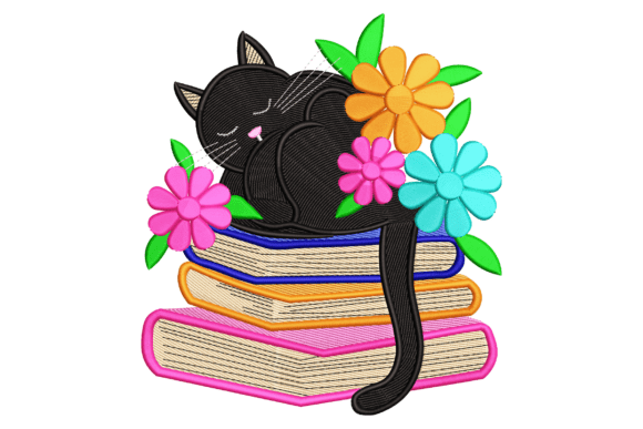 Cat with Books: A Playful Embroidery Design for Seasonal Appeal
